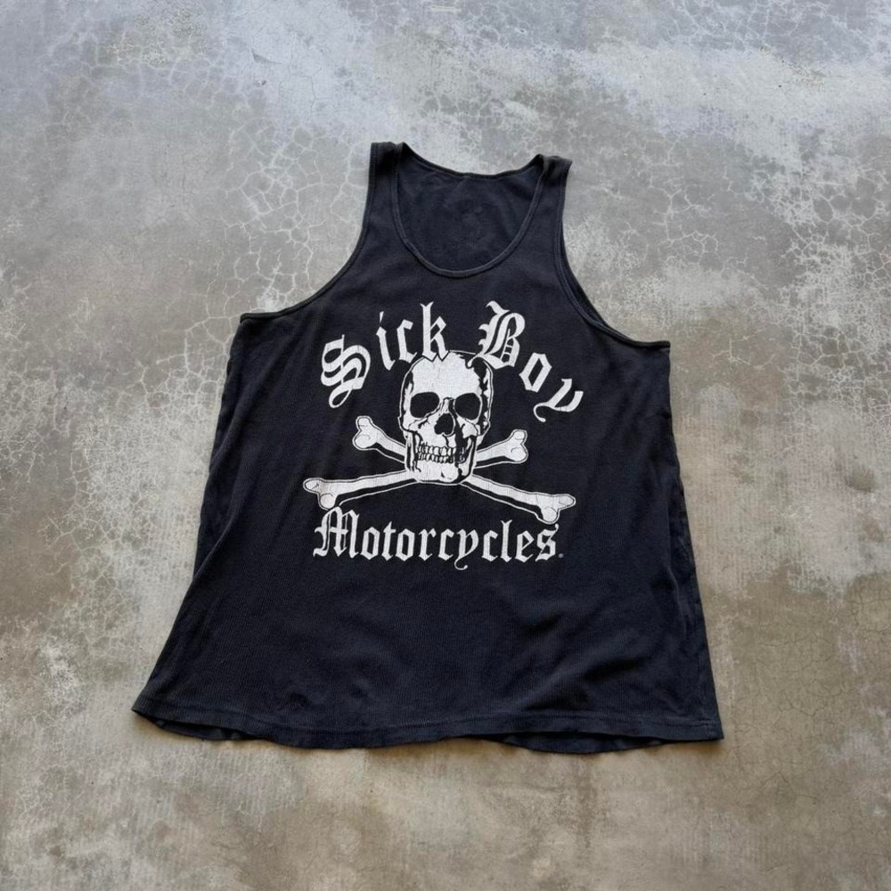Sick Boy Motorcycles Skull and crossbones black thermal tank top graphic shirt